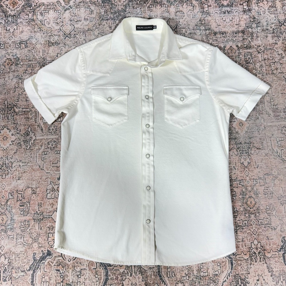 Ralph Lauren Black Label Shirt Men M White Cotton Button-Up Western Pearl‎ Snap